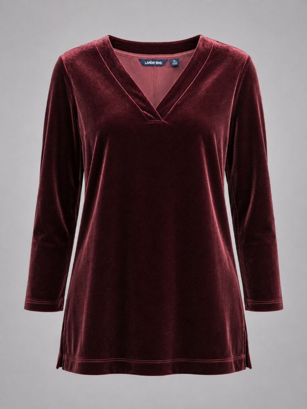 Lands End Womens Medium Burgundy Velvet Tunic Dress V-Neck Long Sleeve 10-12